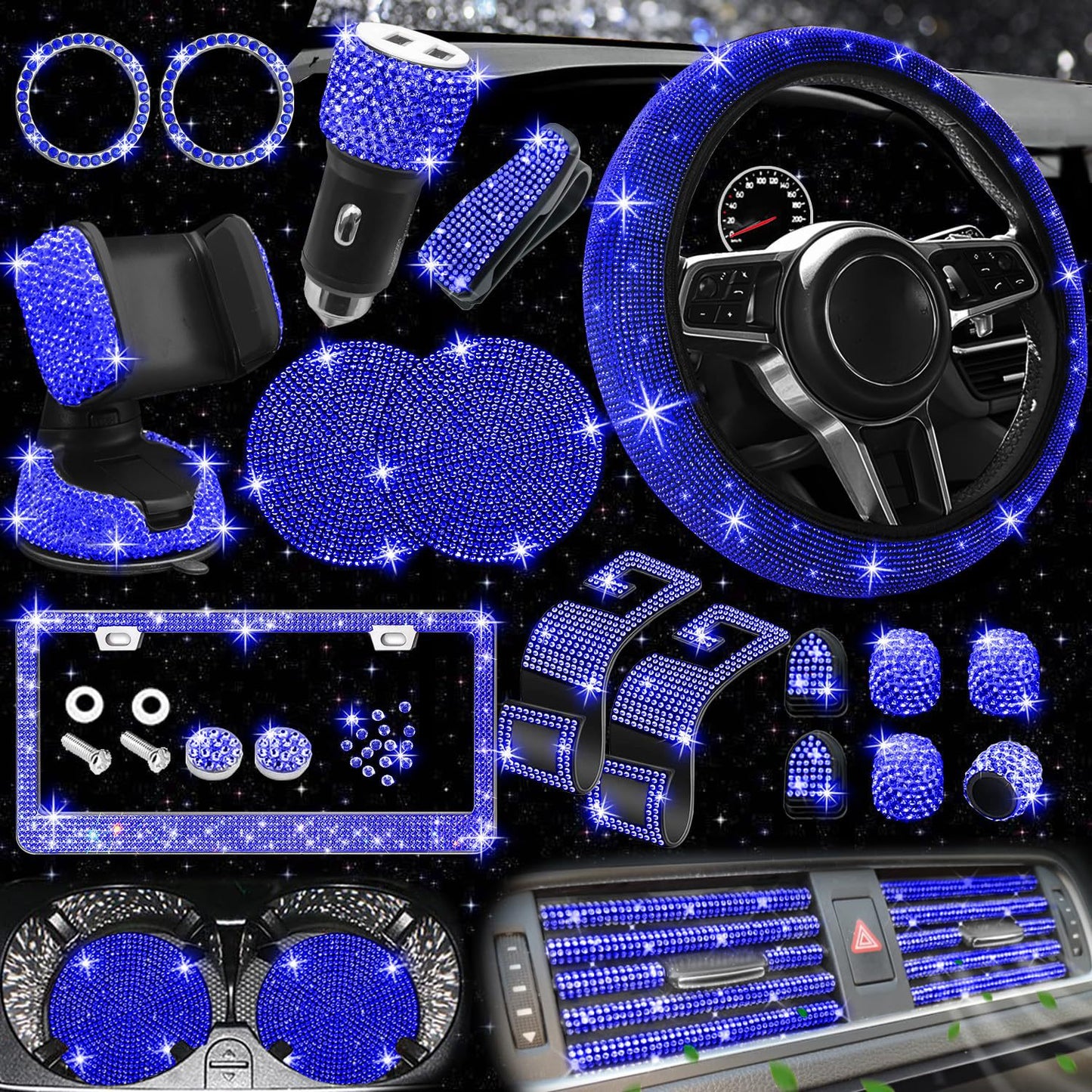 Car steering wheel cover non-slip comfortable no inner ring handle set diamond US gauge license plate frame rhinestone car decoration cross-border