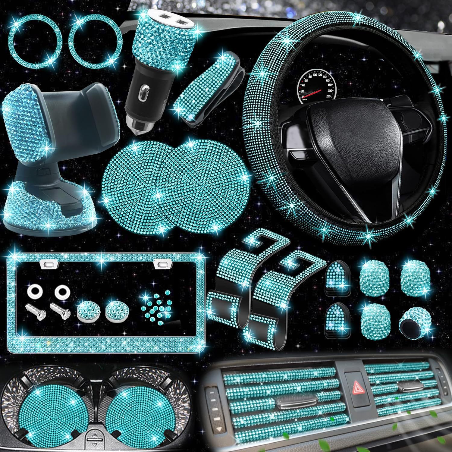 Car steering wheel cover non-slip comfortable no inner ring handle set diamond US gauge license plate frame rhinestone car decoration cross-border