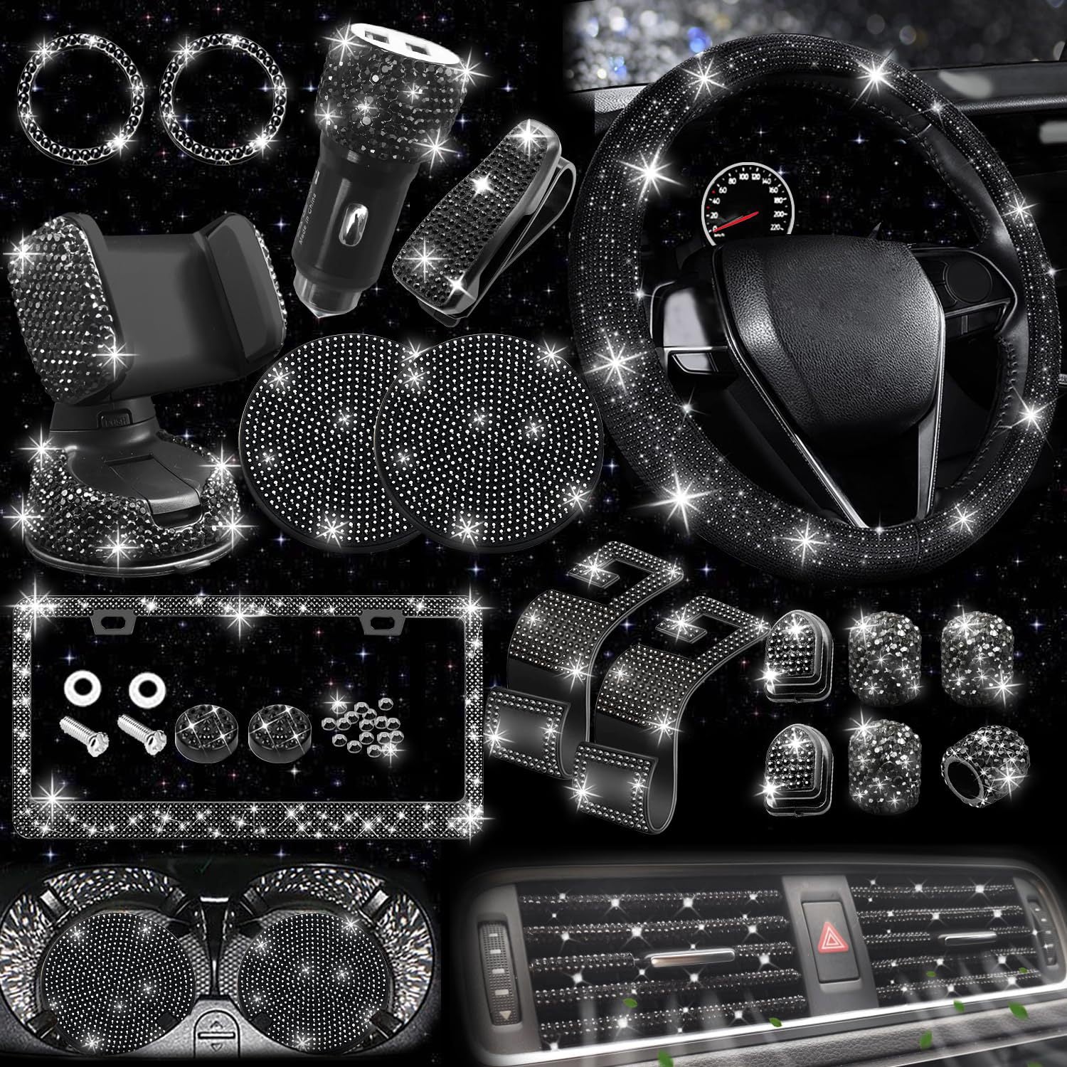 Car steering wheel cover non-slip comfortable no inner ring handle set diamond US gauge license plate frame rhinestone car decoration cross-border
