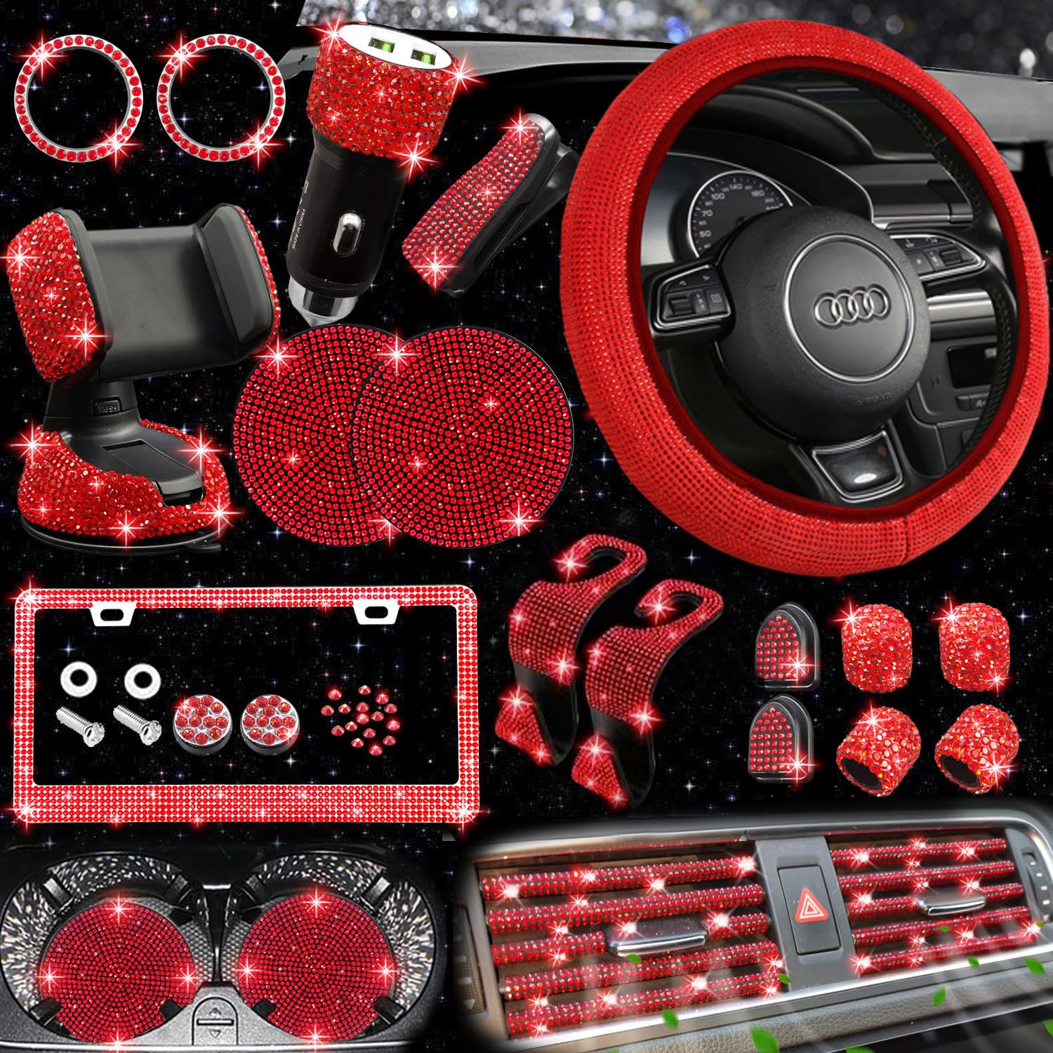 Car steering wheel cover non-slip comfortable no inner ring handle set diamond US gauge license plate frame rhinestone car decoration cross-border