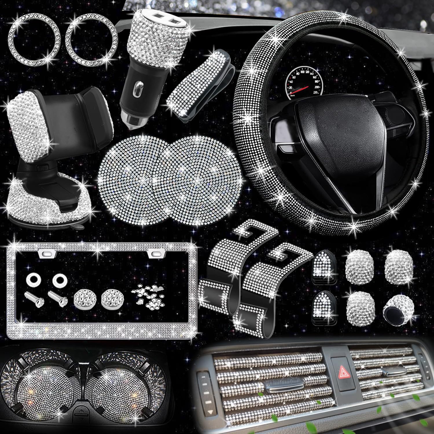 Car steering wheel cover non-slip comfortable no inner ring handle set diamond US gauge license plate frame rhinestone car decoration cross-border