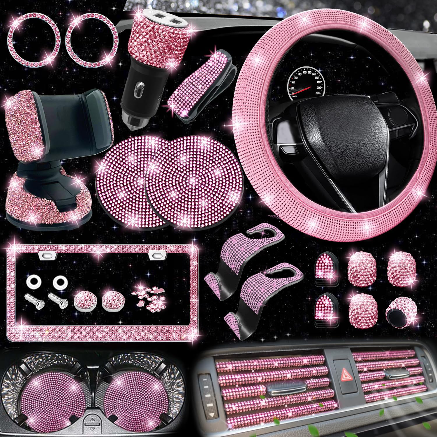 Car steering wheel cover non-slip comfortable no inner ring handle set diamond US gauge license plate frame rhinestone car decoration cross-border
