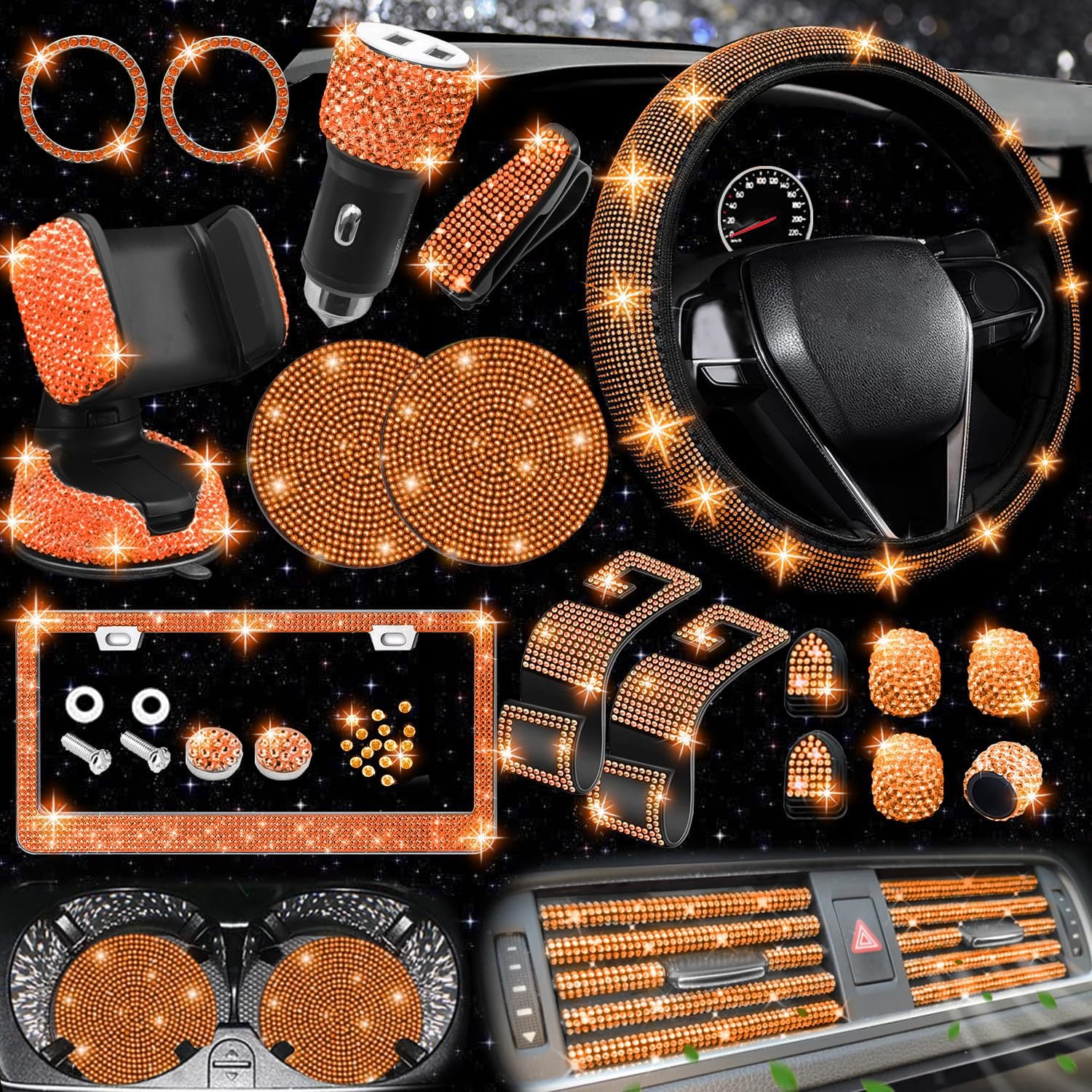 Car steering wheel cover non-slip comfortable no inner ring handle set diamond US gauge license plate frame rhinestone car decoration cross-border
