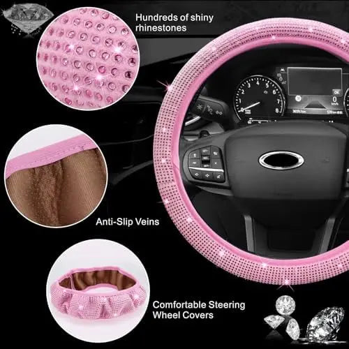 MAIMEIMI Pink Bling Car Accessories Set for Women – 14pcs Rhinestone Decor with Steering Cover, Holder & More