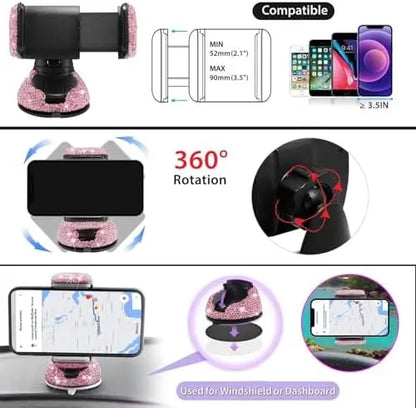 MAIMEIMI Pink Bling Car Accessories Set for Women – 14pcs Rhinestone Decor with Steering Cover, Holder & More