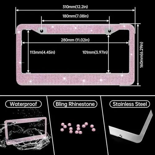 MAIMEIMI Pink Bling Car Accessories Set for Women – 14pcs Rhinestone Decor with Steering Cover, Holder & More