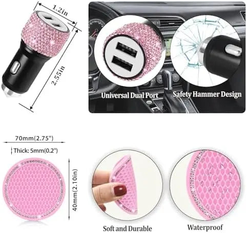 MAIMEIMI Pink Bling Car Accessories Set for Women – 14pcs Rhinestone Decor with Steering Cover, Holder & More