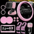 MAIMEIMI Pink Bling Car Accessories Set for Women – 14pcs Rhinestone Decor with Steering Cover, Holder & More