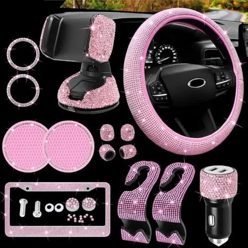 MAIMEIMI Pink Bling Car Accessories Set for Women – 14pcs Rhinestone Decor with Steering Cover, Holder & More