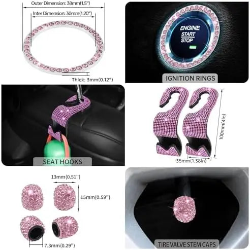 MAIMEIMI Pink Bling Car Accessories Set for Women – 14pcs Rhinestone Decor with Steering Cover, Holder & More